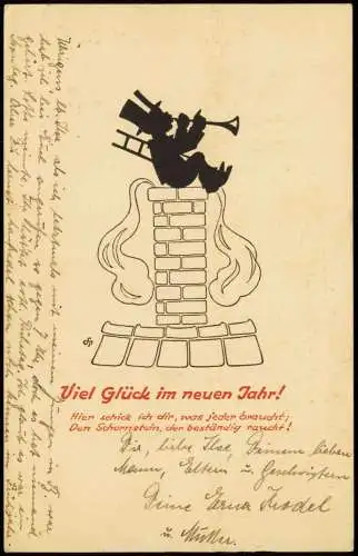 Neujahr Sylvester New Year Schattenschnitt Schornsteinfeger 1940