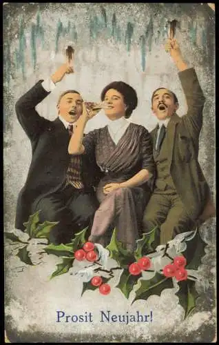 Ansichtskarte  Neujahr Sylvester New Year Frau zwischen Männern Minstel 1917