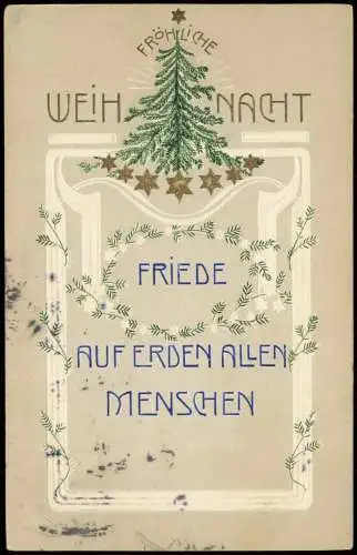 Weihnachten - Christmas Tannenbaum Zweige JUGENDSTIL 1907 Goldrand/Prägekarte