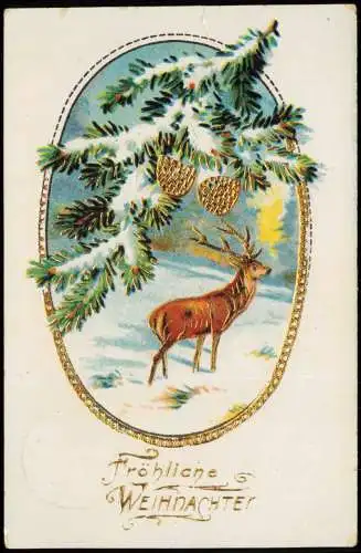 Weihnachten - Christmas Hirsch Tannenzweig Prägekarte 1933 Goldrand