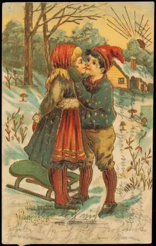 Goldsonne Sonne Neujahr Sylvester New Year Junge küsst Mädchen 1907 Goldrand