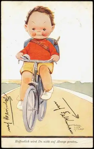 Kinder Künstlerkarte Junge auf Fahrrad MABEL LUCIE ATTWELL 1934