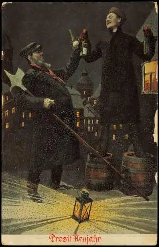 Ansichtskarte  Neujahr Sylvester New Year Nachtwächter und Mann Sekt 1914