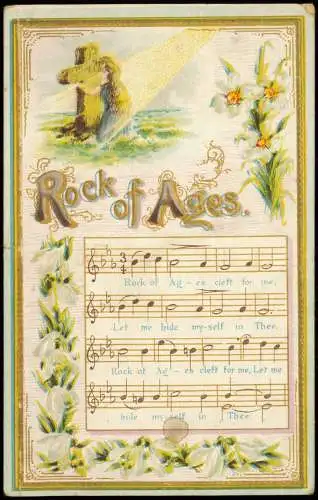 Liedkarte Song Rock of Ages schöne Frau vor Kreuz 1909 Goldrand/Prägekarte