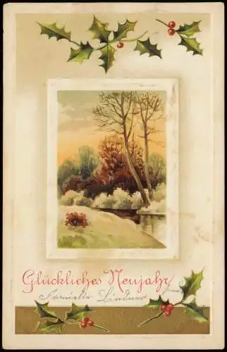 Neujahr Sylvester New Year Landschaft u. Misteln 1911 Goldrand/Prägekarte