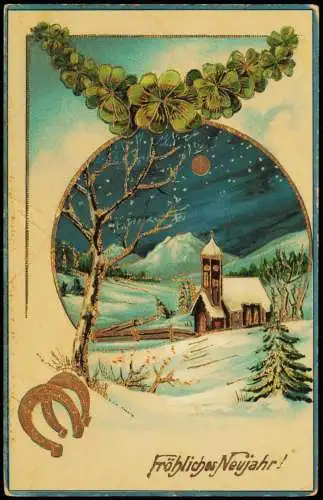 Neujahr Sylvester New Year Kleeblätter Kirche Prägekarte 1910 Goldrand