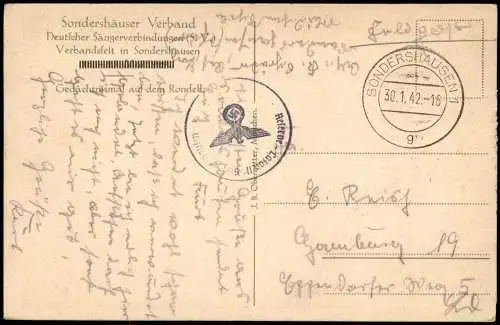 Ansichtskarte Sondershausen Gedächtnismal ondell 1942  Feldpoststempel WK2