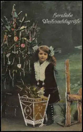 Weihnachten - Christmas Mädchen vor Weihnachtsbaum 1930 Silberrand