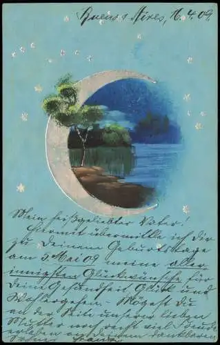 Künstlerkarte Mondschein Sterne Landschaft 1909 Silber Luna  gel Buenos Aires