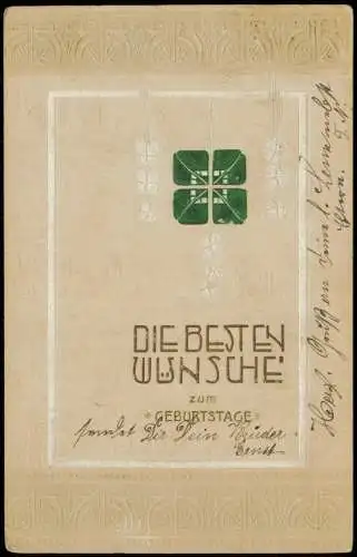 Kleeblatt Geburtstag Birthday shamrock Jugenstil Art Nouveau 1906 Prägekarte