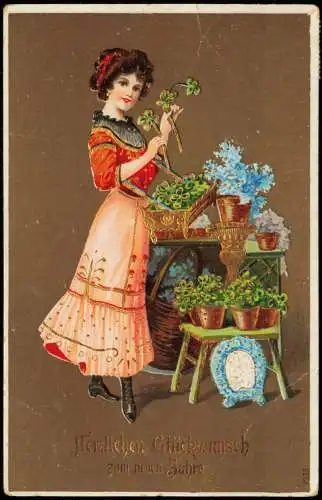 Neujahr Sylvester New Year Frau mit Glücksklee shamrock 1911 Goldrand