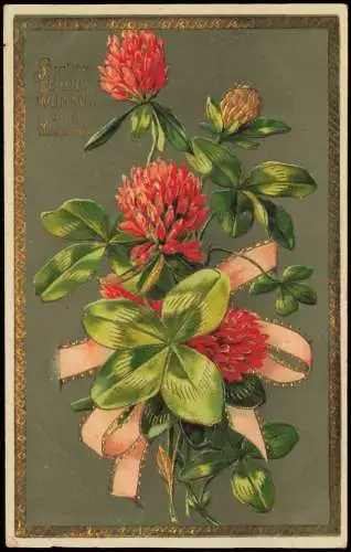 Weihnachten Christmas Kleeblatt Shamrock 1912 Goldrand/Prägekarte