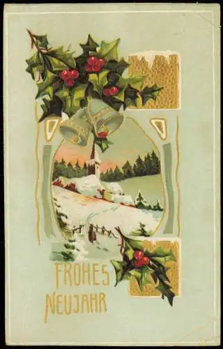 Neujahr Sylvester New Year Landschaft Misteln 1912 Goldrand/Prägekarte