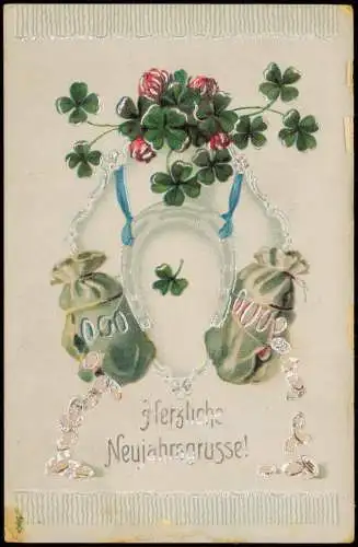 Neujahr Sylvester New Year Geldsäcke Kleeblatt shamrock 1912 Silberrand