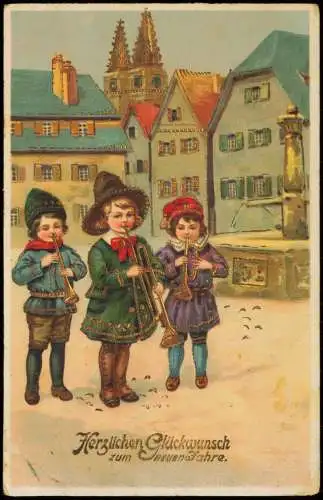 Ansichtskarte  Neujahr Sylvester New Year Kinder mit Trompeten 1919 Goldrand