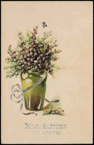 Ansichtskarte  Geburtstag Birthday Vase mit Blumen Prägekarte 1911 Silberrand