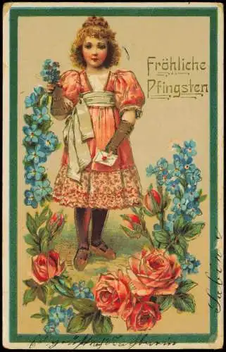 Ansichtskarte  Pfingsten Pentecost Mädchen Veilchen und Rosen 1912 Goldrand