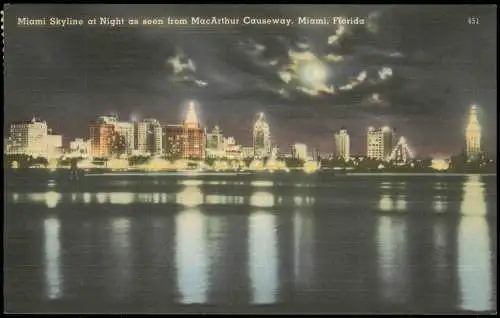 Postcard Miami Skyline at Night - Florida 1959