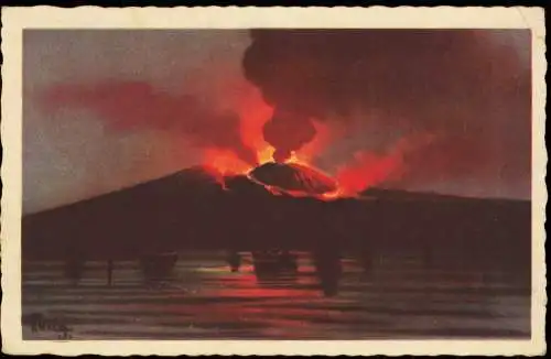 Neapel Napoli Vesuv Vesuvio Vesuvius bei Nacht Künstlerkarte 1933