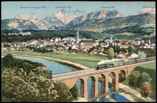 Ansichtskarte Traunstein Panorama-Ansicht mit Eisenbahn Brücke 1920