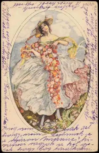 Ansichtskarte  Künstlerkarte schöne Frau im Blumengewand 1914