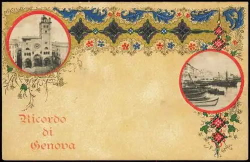 Cartolina Genua Genova (Zena) Hafen Palazzo Künstler-Ornament 1908