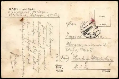Postcard Teplitz-Schönau Teplice Hotel Ditrich, Straßenpartie 1956