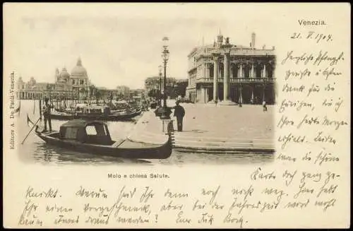 Cartolina Venedig Venezia Molo e chiesa Salute. Kähne 1904