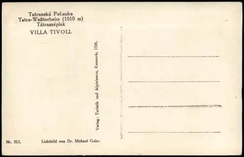 Weszterheim Vysoké Tatry Tatranská Polianka Tátraszéplak Tatra Villa Tivol 1929