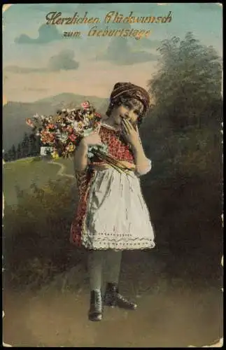 Ansichtskarte  Geburtstag Birthday Mädchen mit Blumen 1914 Goldrand