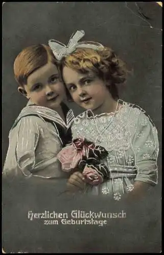 Geburtstag Birthday Junge und Mädchen mit Rosen 1914 Silberrand