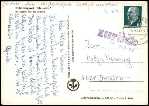 Ansichtskarte Klausdorf-Am Mellensee Zeltplatz am Mellensee 1971  Stempel zurück