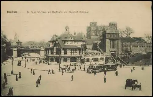 St. Pauli-Hamburg Fährhaus mit Hochbahn und Bismarck-Denkmal 1914