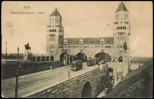 Ansichtskarte Köln Hohenzollernbrücke, Portal Straßenbahn Tram 1916