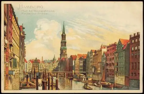 Hamburg Fleet b.d. Reimersbrücke, Katharinenkirche Künstlerkarte 1906