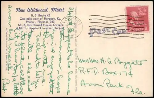 Postcard Florence Kentucky New Wildwood Motel USA 1954