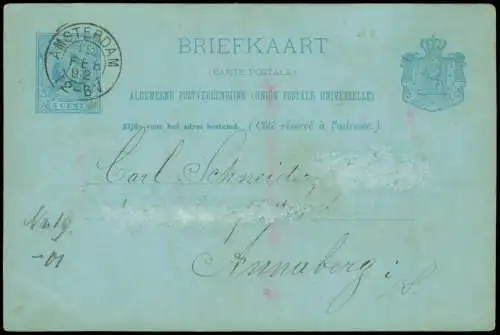 Ganzsache Niederlande 5 Cents (blau) 1892  Stempel Amsterdam nach Annaberg