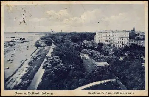 Postcard Kolberg Kołobrzeg Kauffmannskuranstalt mit Strand 1922/1929