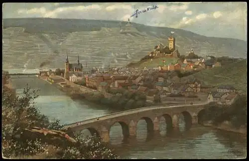 Ansichtskarte Bingen am Rhein Burg mit Burg Klopp und Drususbrücke 1914