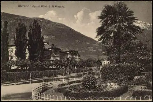 Cartolina Meran Merano Partie am Grand Hotel in Südtirol 1925