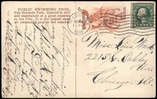 Postcard Saint Louis PUBLIC SWIMMING POOL Fair Grounds Park 1916