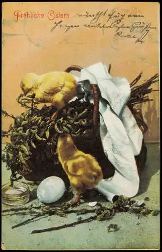 Ansichtskarte  Ostern Easter Küken im Osterkorb Künstlerkarte 1907