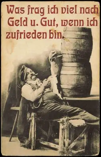 Scherzkarten: Alkohol, Trinkerei Mann mit Zigarre vor Fässern 1908