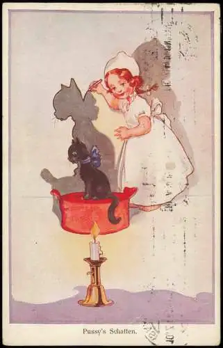 Ansichtskarte  Kinder Künstlerkarte Pussy's Schatten. Mädchen und Katze 1914