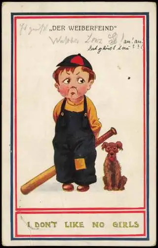 DER WEIBERFEIND Junge Hund Baseballschläger Künstlerkarte 1912