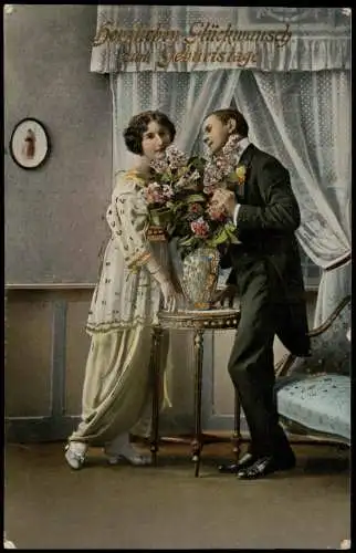 Ansichtskarte  Geburtstag Birthday Mann und Frau Tisch Blumen 1914 Goldrand