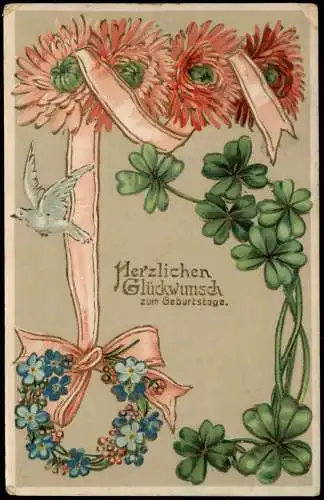 Ansichtskarte  Geburtstag Birthday Taube Kleeblatt Veilchen 1912 Goldrand