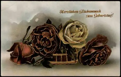 Ansichtskarte  Geburtstag Birthday Rosen Goldrand 1914 Goldrand