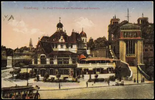 Ansichtskarte St. Pauli-Hamburg Fährhaus mit Hochbahn und Seewarte. 1925