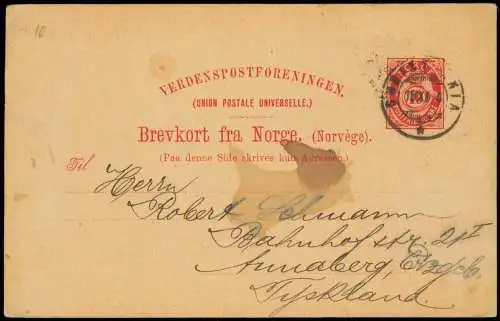 Ganzsache Norwegen 10-Øre Ganzsache Norge 1894 nach Annaberg (Erzgebirge)